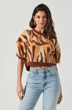 Colette Animal Print Puff Sleeve Sweater -Astr The Label Shop ACT17283 BROWN MUSTARDANIMAL 0935