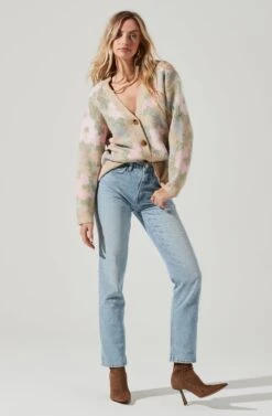 Rosette Floral Contrast Button Cardigan -Astr The Label Shop ACT17288 PINKBEIGEFLORAL 1843