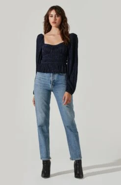Ziva Plisse Long Sleeve Top -Astr The Label Shop ACT17331 MIDNIGHTBLUE 1