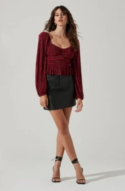 Ziva Plisse Long Sleeve Top -Astr The Label Shop ACT17331 WINE 1