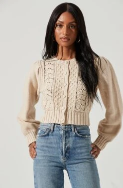 Marlena Cropped Cable Knit Cardigan -Astr The Label Shop ACT17336 CREAM 0431