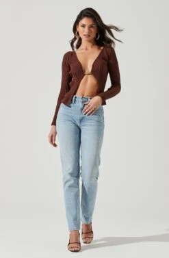 Angelique Ribbed Knit Chain Detail Cardigan -Astr The Label Shop ACT17337 BROWN 0091