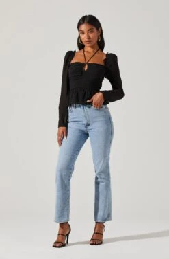 Toni Ruched Halter Long Sleeve Peplum Top 39 Toni Ruched Halter Long Sleeve Peplum Top -Astr The Label Shop ACT17339 BLACK 1