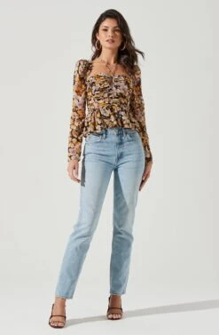 Toni Ruched Halter Long Sleeve Peplum Top 29 Toni Ruched Halter Long Sleeve Peplum Top -Astr The Label Shop ACT17339 BROWN YELLOWFLORAL 0149