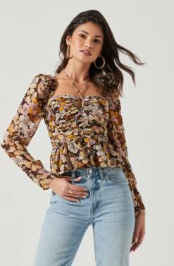 Toni Ruched Halter Long Sleeve Peplum Top 28 Toni Ruched Halter Long Sleeve Peplum Top -Astr The Label Shop ACT17339 BROWN YELLOWFLORAL 0155
