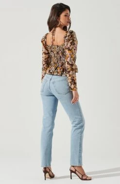 Toni Ruched Halter Long Sleeve Peplum Top 31 Toni Ruched Halter Long Sleeve Peplum Top -Astr The Label Shop ACT17339 BROWN YELLOWFLORAL 0160