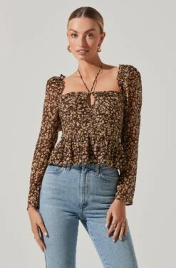 Toni Ruched Halter Long Sleeve Peplum Top 24 Toni Ruched Halter Long Sleeve Peplum Top -Astr The Label Shop ACT17339 BROWNYELLOWDITSY 3