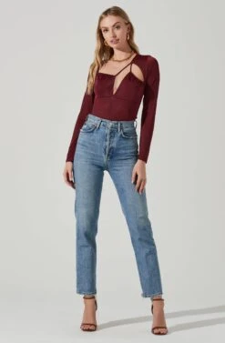 Lauren Satin Cutout Long Sleeve Bodysuit -Astr The Label Shop ACT17395 WINE 1