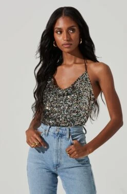 Alicia Sequin Cowl Neck Top -Astr The Label Shop ACT17406 BLACKRAINBOW 3