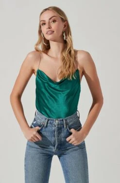 Vita Satin Cowl Neck Rhinestone Strap Top -Astr The Label Shop ACT17415 GREEN 2