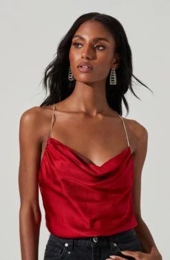 Vita Satin Cowl Neck Rhinestone Strap Top -Astr The Label Shop ACT17415 RED 4