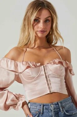 Allison Off Shoulder Halter Long Sleeve Top -Astr The Label Shop ACT17563 BLUSH 3