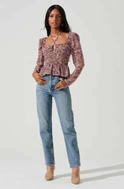 Toni Ruched Halter Long Sleeve Peplum Top 34 Toni Ruched Halter Long Sleeve Peplum Top -Astr The Label Shop ACT17739 BLACKPINKFLORAL 1952