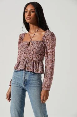 Toni Ruched Halter Long Sleeve Peplum Top 35 Toni Ruched Halter Long Sleeve Peplum Top -Astr The Label Shop ACT17739 BLACKPINKFLORAL 1957