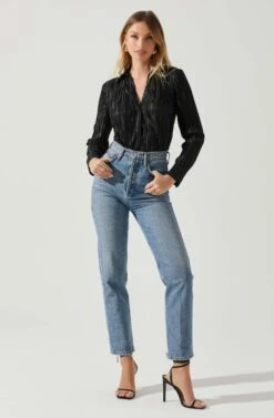 Laurel Satin Pleated Long Sleeve Top 23 Laurel Satin Pleated Long Sleeve Top -Astr The Label Shop ACT17840P BLACK 2