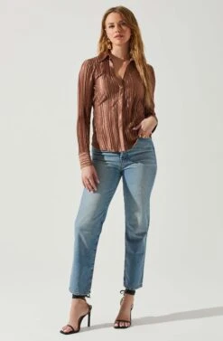 Laurel Satin Pleated Long Sleeve Top 28 Laurel Satin Pleated Long Sleeve Top -Astr The Label Shop ACT17840P BROWN 1
