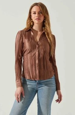 Laurel Satin Pleated Long Sleeve Top 27 Laurel Satin Pleated Long Sleeve Top -Astr The Label Shop ACT17840P BROWN 3