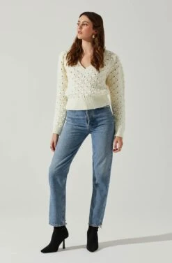 Bianca V Neck Pointelle Sweater -Astr The Label Shop ACT17869 CREAM 2