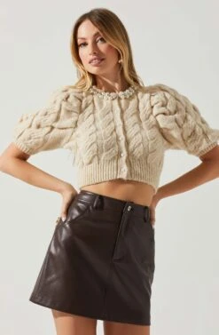 Aitana Pearl Embellished Cable Knit Short Sleeve Sweater -Astr The Label Shop ACT17877 CREAM 3