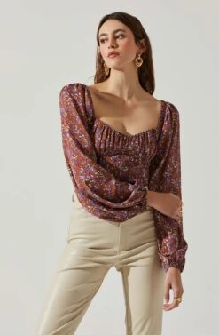 Penny Floral Puff Sleeve Top -Astr The Label Shop ACT17882C BROWNPURPLEFLORAL 4