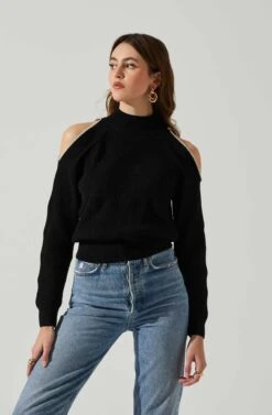 Tori Pearl Embellished Cold Shoulder Sweater -Astr The Label Shop ACT17885 BLACK 3