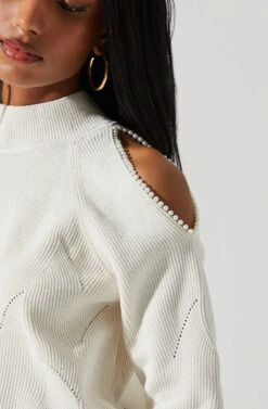 Tori Pearl Embellished Cold Shoulder Sweater -Astr The Label Shop ACT17885 CREAM 5