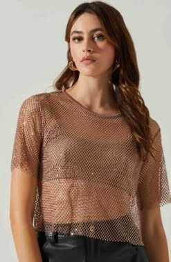 Mckay Rhinestone Mesh Short Sleeve Top -Astr The Label Shop ACT18042 TAUPE 3