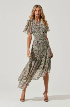 Flutter Sleeve Asymmetrical Floral Maxi Dress -Astr The Label Shop ADR100436 BLACKDAISYFLORAL 1