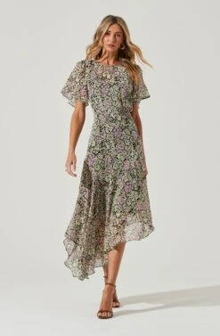 Flutter Sleeve Asymmetrical Floral Maxi Dress -Astr The Label Shop ADR100436 BLACKDAISYFLORAL 2