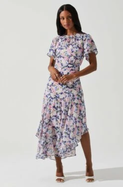 Flutter Sleeve Asymmetrical Floral Maxi Dress -Astr The Label Shop ADR100436 PINKBLUEFLORAL 2
