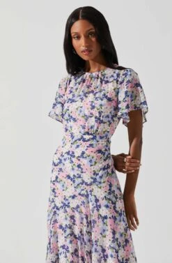 Flutter Sleeve Asymmetrical Floral Maxi Dress -Astr The Label Shop ADR100436 PINKBLUEFLORAL 4