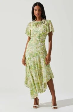 Flutter Sleeve Asymmetrical Floral Maxi Dress -Astr The Label Shop ADR100436 YELLOWGREENFLORAL 1