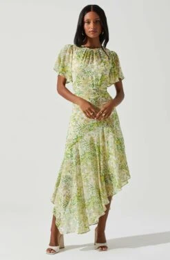 Flutter Sleeve Asymmetrical Floral Maxi Dress -Astr The Label Shop ADR100436 YELLOWGREENFLORAL 2