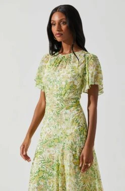 Flutter Sleeve Asymmetrical Floral Maxi Dress -Astr The Label Shop ADR100436 YELLOWGREENFLORAL 3