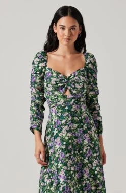 Floral Long Sleeve Twist Keyhole Front Midi Dress -Astr The Label Shop ADR100972 GREENPURPLEFLORAL 2