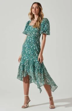 Floral Short Sleeve Asymmetrical Hem Midi Dress -Astr The Label Shop ADR101039 GREENMULTI 2