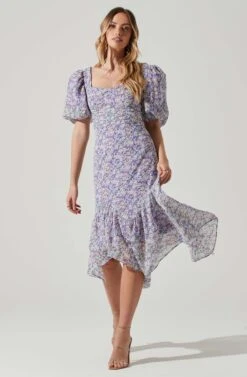 Floral Short Sleeve Asymmetrical Hem Midi Dress -Astr The Label Shop ADR101039 PURPLEMULTIFLORAL 1