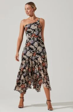 Emmylou Floral One Shoulder Midi Dress 19 Emmylou Floral One Shoulder Midi Dress -Astr The Label Shop ADR101528 BLACKFLORAL 1