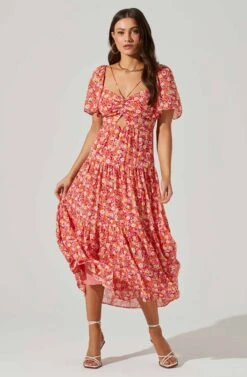 Floral Cinched Bust Cutout Center Midi Dress 19 Floral Cinched Bust Cutout Center Midi Dress -Astr The Label Shop ADR101632 REDMULTIFRL 1