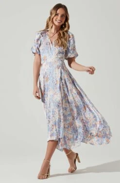 Satin Floral Bubble Sleeve Wrap Midi Dress -Astr The Label Shop ADR101664 BLUEMULTIFLORAL 1
