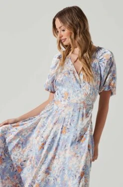 Satin Floral Bubble Sleeve Wrap Midi Dress -Astr The Label Shop ADR101664 BLUEMULTIFLORAL 3
