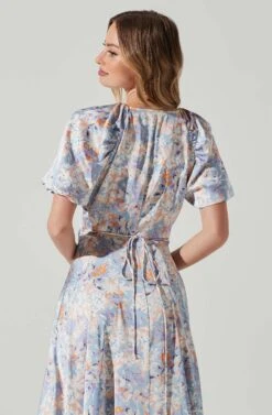 Satin Floral Bubble Sleeve Wrap Midi Dress -Astr The Label Shop ADR101664 BLUEMULTIFLORAL 5