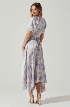 Satin Floral Bubble Sleeve Wrap Midi Dress -Astr The Label Shop ADR101664 BLUEMULTIFLORAL 6