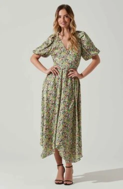 Satin Floral Bubble Sleeve Wrap Midi Dress -Astr The Label Shop ADR101664 PINKGREENMULTI 1