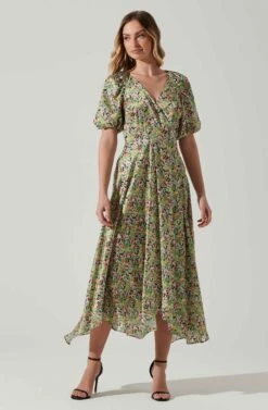 Satin Floral Bubble Sleeve Wrap Midi Dress -Astr The Label Shop ADR101664 PINKGREENMULTI 2