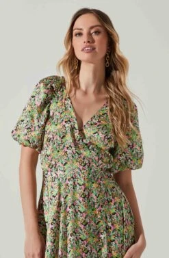 Satin Floral Bubble Sleeve Wrap Midi Dress -Astr The Label Shop ADR101664 PINKGREENMULTI 3