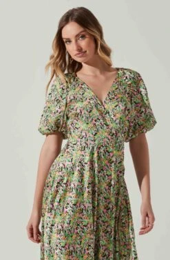 Satin Floral Bubble Sleeve Wrap Midi Dress -Astr The Label Shop ADR101664 PINKGREENMULTI 4