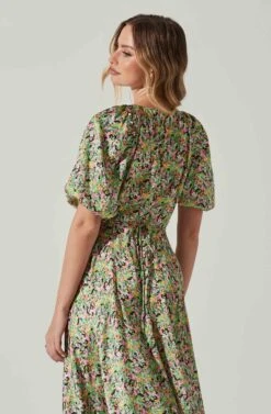 Satin Floral Bubble Sleeve Wrap Midi Dress -Astr The Label Shop ADR101664 PINKGREENMULTI 5