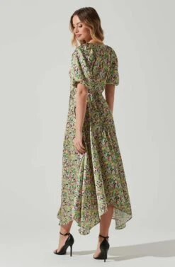 Satin Floral Bubble Sleeve Wrap Midi Dress -Astr The Label Shop ADR101664 PINKGREENMULTI 6