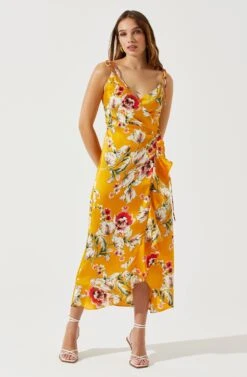 Satin Front Tie Wrap Floral Midi Dress -Astr The Label Shop ADR101683 YELLOWFLORAL 2